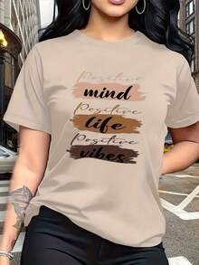 The Letter Prints With Visual Expressions Of Self-Motivation, Such As "Positive Mind," "Positive Life," And "Positive Vibes," Are Modern And Fashionable. This Simple And Versatile Women's Short-Sleeved T-Shirt With A Round Neck Is Suitable For Leisure, Travel, Vacations, And Other Activities. 2CBJ - 杏色 - 查看 6