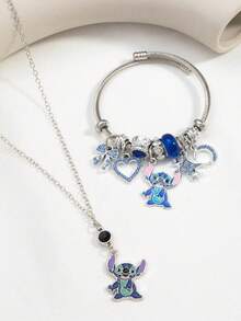 Disney Bộ 2 vòng tay và dây chuyền Lilo Stitch - Phụ kiện màu xanh dương quyến rũ, thích hợp làm quà tặng sinh nhật cho bé gái, quà tặng cho người hâm mộ, quà tặng lễ hội với thiết kế ngộ nghĩnh | Vòng tay bền chắc, phụ kiện Lilo Stitch - Nhiều màu - Xem 1