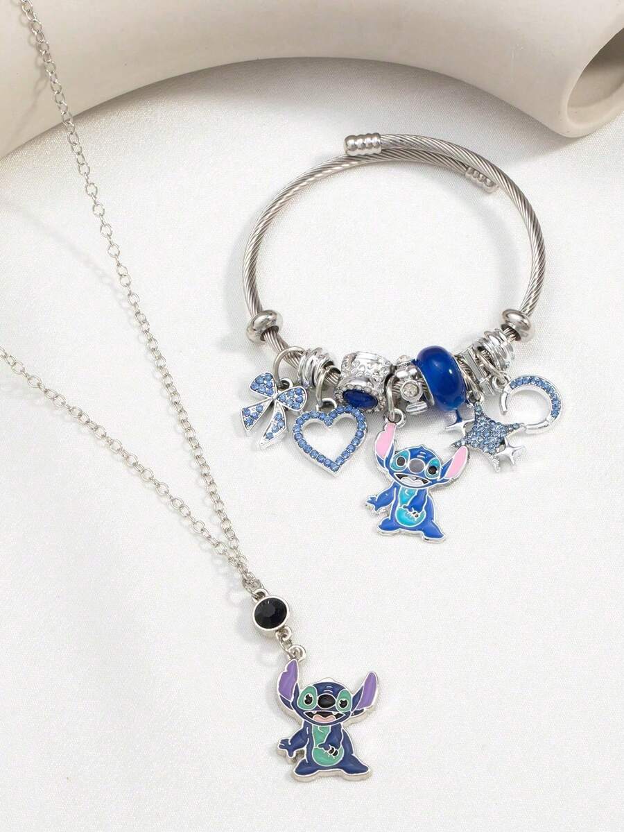 Disney Bộ 2 vòng tay và dây chuyền Lilo Stitch - Phụ kiện màu xanh dương quyến rũ, thích hợp làm quà tặng sinh nhật cho bé gái, quà tặng cho người hâm mộ, quà tặng lễ hội với thiết kế ngộ nghĩnh | Vòng tay bền chắc, phụ kiện Lilo Stitch - Nhiều màu - Xem 1