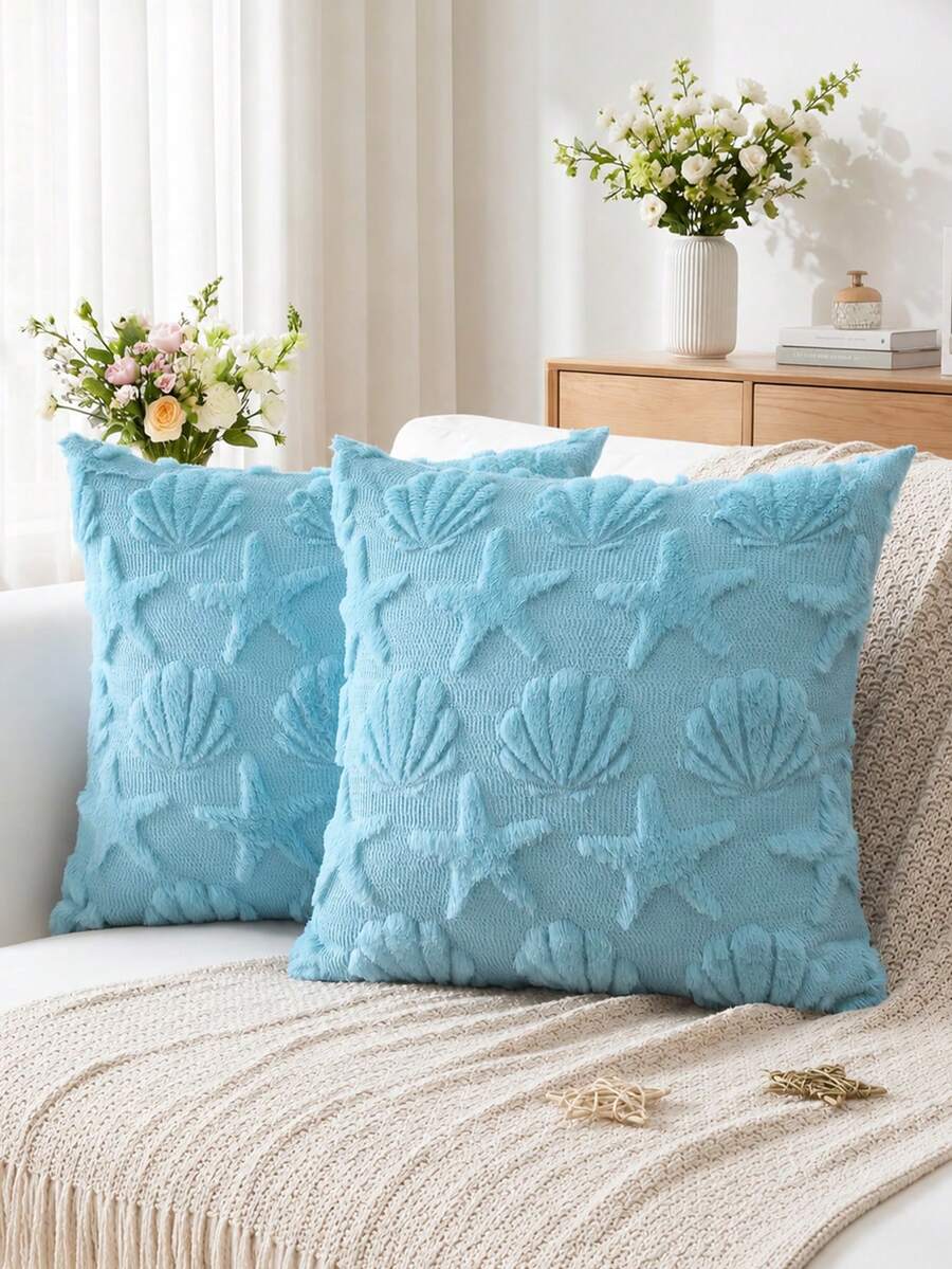 1PC Shell Starfish Throw Pillow Cover, Beach Seaside Cushion Covers For Sofa Square Spring Summer Soft Plush Short Wool Velvet Pillowcase Holiday Decor - Blue - View 1