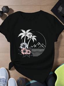 Women's Casual Sports T-Shirt With Black Tie-Dye Print And Palm And Flower Design - Elastic Crew Neck T-Shirt, Machine Washable, Comfortable Fit For All Seasons, Perfect For Everyday Wear. - 黑色 - 查看 6