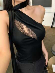 T-Shirt With One Shoulder Cutout, Graphic Print, Relaxed Fit, Soft Cotton Blend Material. - Black - View 1