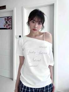 Camiseta casual minimalista con hombros descubiertos, romántica, de playa y estilo Y2K elegante para mujer, primavera/verano - Blanco - Ver 3
