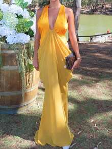 Vestido de mujer elegante de punto amarillo con tirantes finos y espalda descubierta, ligeramente elástico, adecuado para uso en fiestas, bodas y primavera - Amarillo - Ver 7