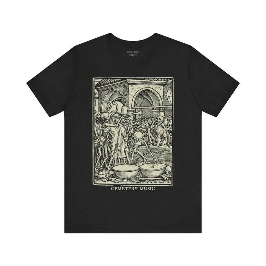 Unisex Short-Sleeved T-Shirt With Cemetery Music, Gothic, Dance Of Death, Memento Mori, Danse Macabre, Creepy Vintage Style - 黑色 - 查看 1