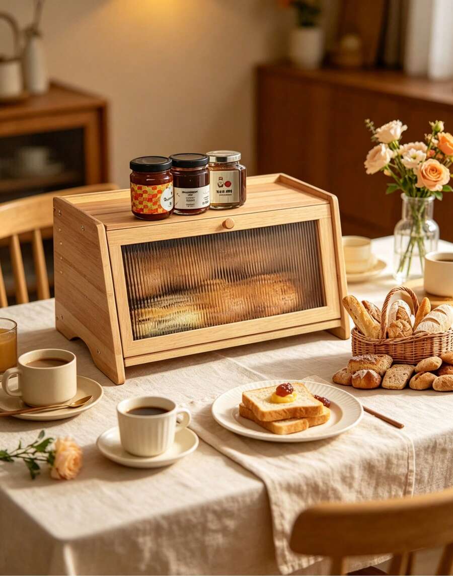 Lnrkai Bamboo Bread Box Farmhouse Style Kitchen Counter Corner Storage Organizer Vintage Decor For Homemade Bread Toast - Single Layer - View 1