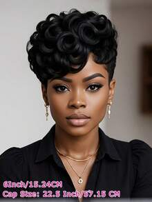 Layered Short Loose Curly Pixie Cut Human Hair Wig For Women Natural Black Colored Human Hair Wig With Bangs Remy Peruvian Human Hair Wig Elastic Net Full Machine Made Holiday Wear Party Wear Simple Vacation Daily Holiday - Natural Black - View 9