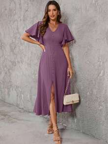 Clasi Vestido de unicolor con botones al frente, manga mariposa y abertura al muslo de longitud hasta el muslo para mujer - Púrpura polvoriento - Ver 7
