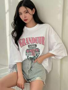 Women's Casual Loose Fit Short Sleeve T-Shirt With Round Neck And Letter Print, Versatile Summer Fashion - 白色 - 查看 3
