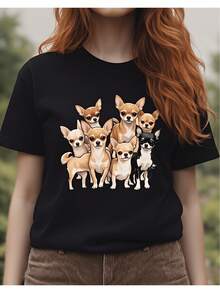 Women's Casual T-Shirt With A Chihuahua Dog Print, Perfect For Pet Lovers. Cute 2D Blouses For Women, Loose-Fitting And Casual Design, Slightly Stretchy - 黑色 - 查看 6