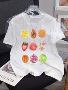Camiseta de mujer con estampado de frutas, manga corta y cuello redondo, ideal para primavera/verano, regalo de cumpleaños o estilo Y2K. - Blanco - Ver 2