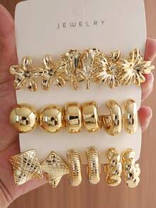 6/18pcs Fashionable Floral & Geometric Multi- Gold Metal Earring Set, Women Daily Wear Earring Set, Made Of ABS Resin With UV Plated Non-Fading Gold - Gold - View 2