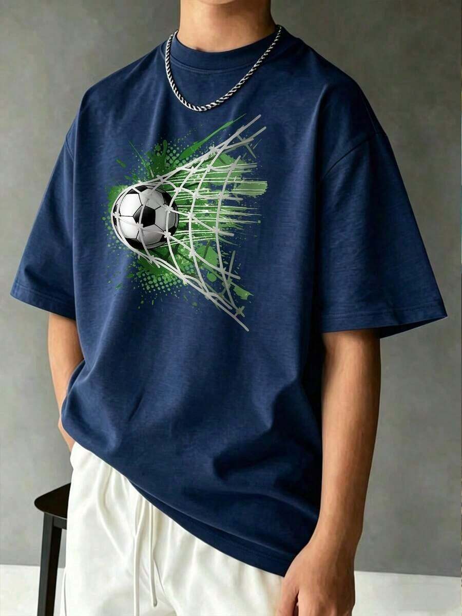 Kids' Casual Loose Fit Summer Short Sleeve T-Shirt With Navy Blue Football Goal Net Print - 黑色 - 查看 1