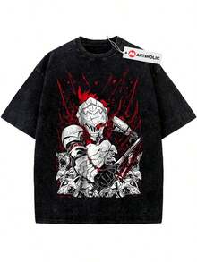 Men's Washed Urban Style Brand T-Shirt | Vintage Thick Knit T-Shirt With Skull Warrior Print, Red Splatter And Demon Face, Perfect Gift, Loose Fit, Comfortable And Breathable, Machine Washable Fabric, Hip-Hop Style, Summer Clothing For Men And Women - 黑色 - 查看 7