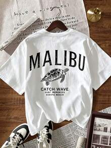 Camiseta de manga corta con estampado de letras de tortuga, estilo casual de verano - Blanco - Ver 1