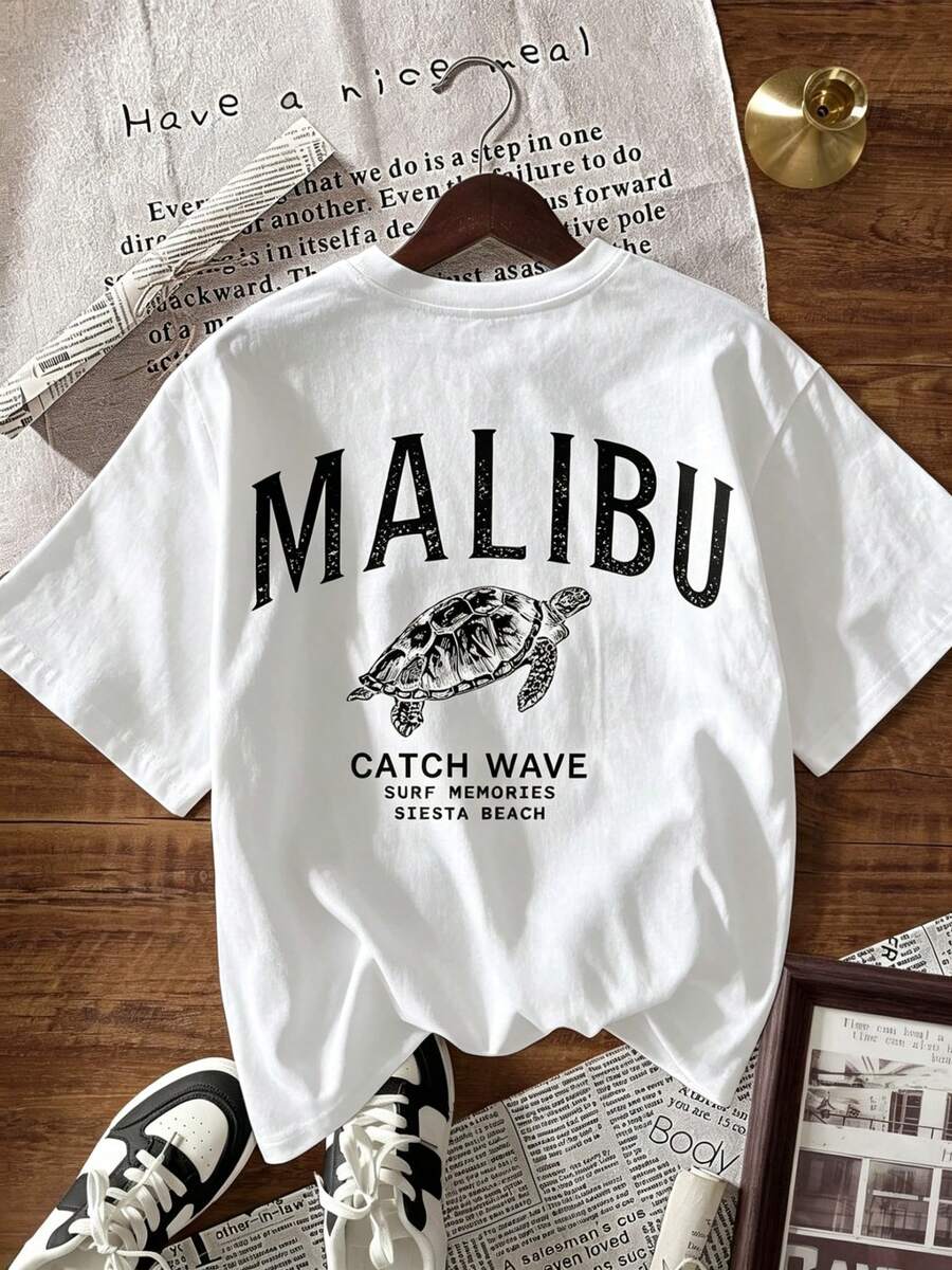 Camiseta de manga corta con estampado de letras de tortuga, estilo casual de verano - Blanco - Ver 1