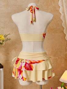 Bellisia Conjunto de 3 piezas con top de bikini triangular con cuello de halter naranja y falda a juego, para playa/resort - Multicolor 4 - Ver 3