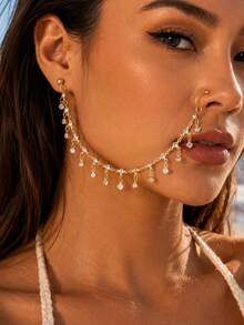 1pc Gold Rhinestone Dangle Ear To Nose Chain, Elegant Boho Beach Face Jewelry For Women, Vacation Party Statement Accessory - Gold - View 1