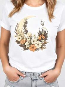Y2K Style, Fashionable Style, 2026 Newest, Cute Style, Casual Style. Women's Short-Sleeved T-Shirt With Moon And Flower Print For Summer, Casual Graphic Shirts For Women, 180g (S-XXXL) - 白色 - 查看 6