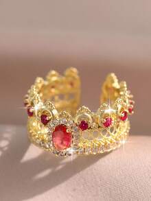 jealous young 1pc Elegant Palace Style Gold‑Plated Crown Open Ring With Hollow Lace Design & High‑Quality Rose‑Red Cubic Zirconia, Showing Women's Dignified Charm Jewelry Suitable For Daily Wear, Gift, Dates, Wedding Banquets, Holiday Galas, Evening Dinners - Crown - View 11
