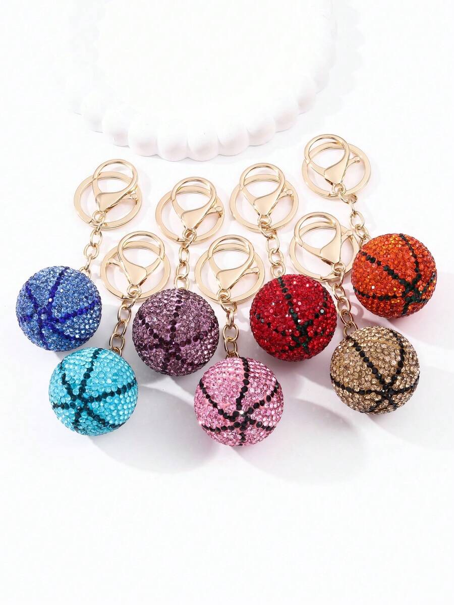 1 pieza Llavero de baloncesto con strass multicolor, colgante de baloncesto totalmente con strass, diseño de lujo con strass brillante, estilo colgante de bolso, llavero imprescindible para amantes del baloncesto - Multicolor - Ver 1