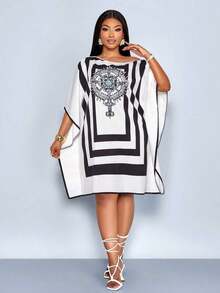Vestido de mujer de talla para primavera y verano, elegante y para vacaciones casuales, vestido de longitud media con hombros inclinados, hombros asimétricos, pañuelo cuadrado off shoulder, vestido con patrón de rayas en bloque de color negro y blanco, impresión de posicionamiento, impresión tejida, adecuado para uso diario, compras, citas, ropa de amigas, ropa de invitados de boda, ropa de vacaciones, digno y adinerado, vacaciones de lujo tranquilo - Blanco y Negro - Ver 2