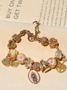 1 Religious Bracelet With Virgin Mary Charm, 1 Religious Bracelet With Cross, 1 Sakura DIY Fashion Bracelet, 1 Fashion Bracelet With Heart-Shaped Padlock And Key. - 粉色 - 查看 10