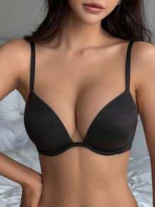 DAZY Deep V Push-Up Bra, Thick Cup Wireless Bra - Black - View 3