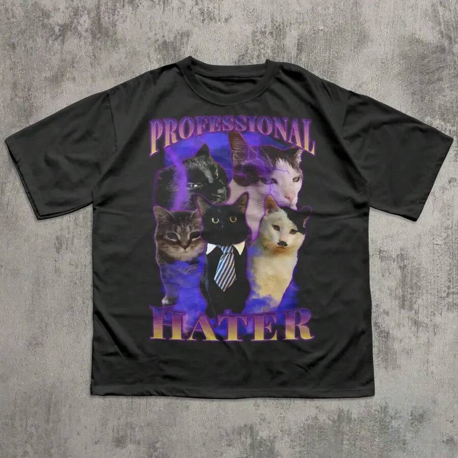 Professional T-Shirt With Funny Cat Meme, Gift For Women And Men, Ugly Cat T-Shirt, Absurd Gifts, Daring T-Shirts, Funny T-Shirt, Peculiar T-Shirt. - 黑色 - 查看 1