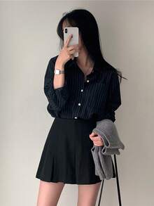女款黑色拼接亞麻休閒襯衫，新款寬鬆優雅露肩燕尾下擺上衣 - 黑色 - 查看 6