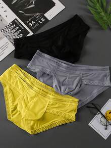 3-Pack Men's Sexy Triangle Briefs (Random Colors) - Comfortable Breathable Fabric, High Elasticity, Ideal For Casual Wear, Outdoor Sports & Indoor Fitness Men's Lace Trim Low-Rise Briefs, Breathable Ice Silk Sexy Underwear, Comfortable Solid Color Panties Machine Washable Great Gift For Men, Christmas, Holiday Ideal Valentine's Day, Anniversary, Birthday, Wedding, Father's Day Gift For Boyfriend, Husband, Him, Perfect For Fitness Guys - 隨機3 - 查看 4