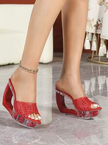 Sexy Super High Heel Platform Stilettos, Nightclub Elevated Transparent Wedge Rhinestone Party Sandals For Women - Red - View 4