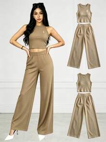 2-Piece Set Of Tank Top And Solid-Color Pants For Casual Holiday Wear - Khaki - View 1