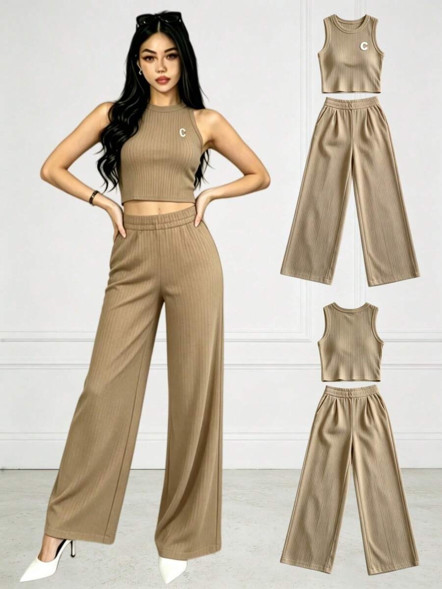 2-Piece Set Of Tank Top And Solid-Color Pants For Casual Holiday Wear - Khaki - View 1