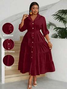 Maweii Vestido largo elegante de manga larga con cuello en V, botones delanteros, cinturón y volantes en el bajo para mujeres de talla grande - Burdeos - Ver 1