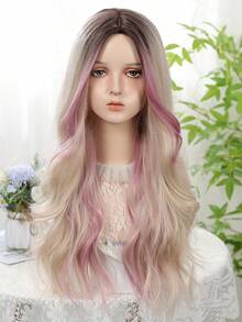 26 Inch Pink Gradient Gold Woven Synthetic Wig - Long Wavy Style Without Bangs; Made Of Heat-Resistant Material, Featuring Fluid Water Wave Texture - Perfect For Photography, Theme Parties, Music Festivals And Other Occasions - 挑染金色 - 查看 3