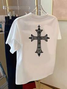 Y2K Style Summer Tops, Short Sleeve T-Shirt With A Charming Cross Design, Featuring A Gothic Style Print - A Spring And Summer Staple For Women, Cotton T-Shirt. - White - View 3