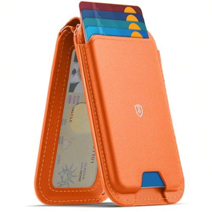 SHIELDON Cartera de Cuero Genuino, Tarjetero Magnético, Tarjetero para Magnetico, Soporte Ajustable Bloqueo RFID Leather Wallet Card Holder Compatible con iPhone Serie 16/15/14/13/12, Negro - Naranja - Ver 1