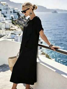 Vestido maxi de tela arrugada - Cuello redondo, manga corta, hombros caídos, corte holgado con detalle de nudo, estilo casual de oficina minimalista para vacaciones, color dopamina, azul hielo, elegancia desenfadada - Negro - Ver 7