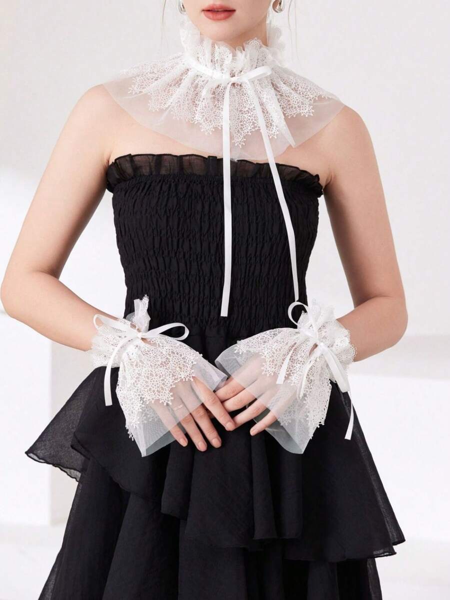 Bộ 1 áo cổ giả ren trắng xếp ly có thể tháo rời và cổ tay áo, kiểu Lolita quyến rũ với nơ thắt cổ, cổ áo và tay áo voan nhiều lớp dành cho nữ. - Cổ áo và cổ tay áo màu trắng - Xem 1