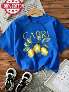 Fashion Fashion Fashion NEW | 1 Women's T-Shirt 100% Breathable Cotton | Short Sleeve Crew Neck T-Shirt With Fresh Lemon Print - Ideal For Summer - Vintage Street Style Unisex Loose Cotton Short Sleeve Crew Neck T-Shirt - 藍色 - 查看 7