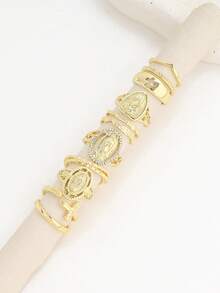 Set de 10 anillos apilables con diseño de cruz sencilla y Virgen María hueca con patrón de ola, estilo Ins, para mujeres - Dorado - Ver 3
