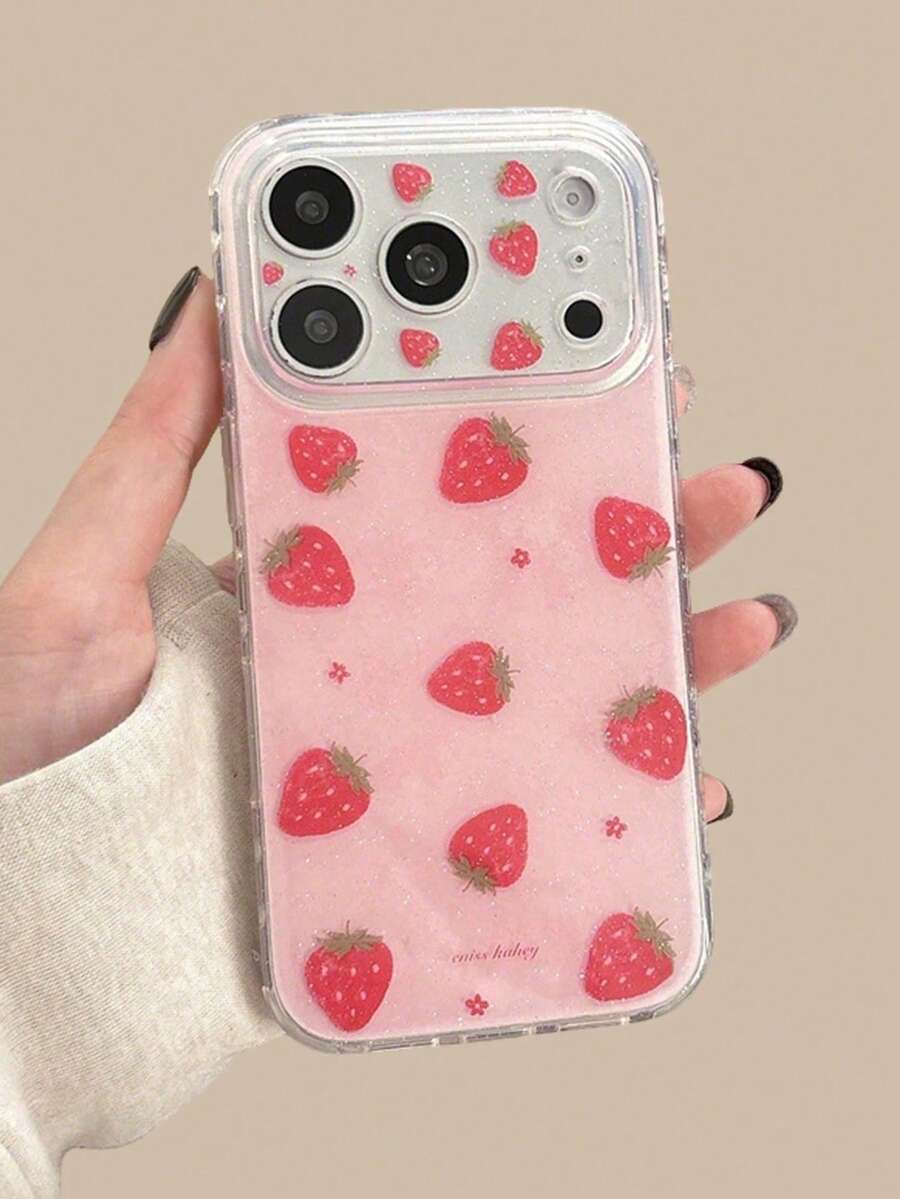 1pc Glitter Star & Strawberry Design 17/16 Pro Max/15/14 Phone Case, Girly Style - Watermelon Pink - View 1