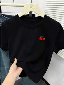 00008Q - Camiseta de una pieza para mujer de primavera y verano, artículo de moda moderno, camiseta de manga corta con estampado de logo de cereza Y2K, top casual versátil de estilo coreano, camiseta de moda casual sexy social de búsqueda popular para mujer - LHS2936 - Negro - Ver 1