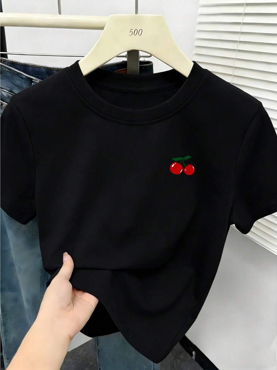 00008Q - Camiseta de una pieza para mujer de primavera y verano, artículo de moda moderno, camiseta de manga corta con estampado de logo de cereza Y2K, top casual versátil de estilo coreano, camiseta de moda casual sexy social de búsqueda popular para mujer - LHS2936 - Negro - Ver 1