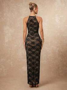 xheLumalex Vestido ajustado con cuello redondo, fruncido y decoración metálica cruzada para mujeresxhe - Negro - Ver 2