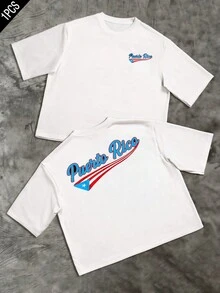 Gráfico que muestra la palabra Puerto Rico con una bandera azul roja y blanca que representa orgullo cultural energía tropical y libertad marítima camisetas de hombre de doble cara con estampado moderno y cómodo para uso diario - Blanco - Ver 1