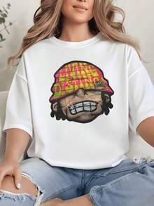 Colorful Cartoon Face With A Wide Smile And Lettering That Evokes Urban Energy And Positive Freedom; Modern Casual Women's T-Shirt For Everyday Wear, Comfortable And Expressive - White - View 8