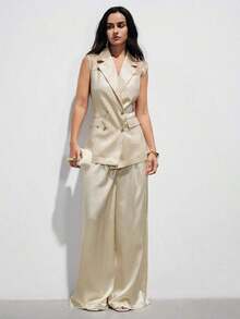 AYYAveloria Modichic Blazer de mujer versátil y elegante de diseño de alta gama con parches de organza brillante, satén y gasa de doble botonaduraAYY - Albaricoque - Ver 5
