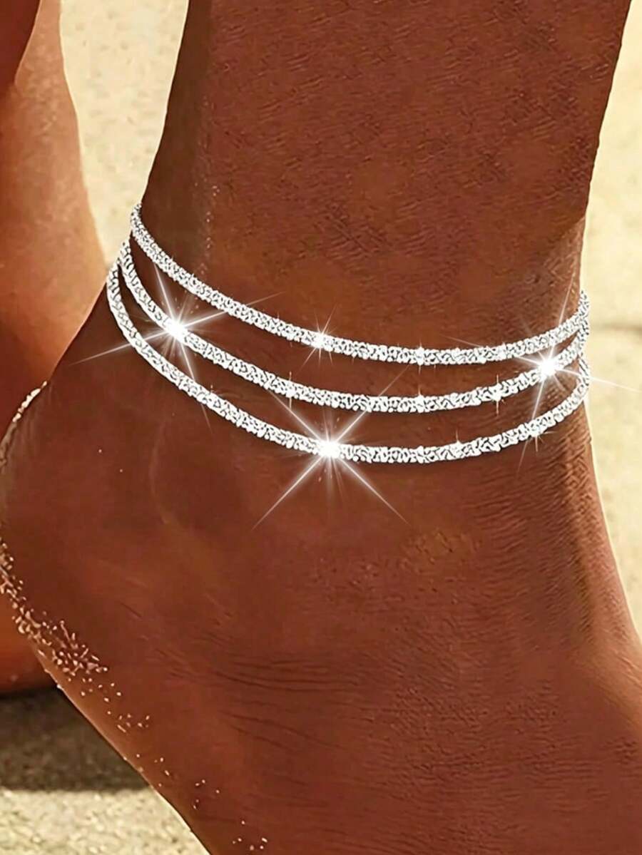 3pcs Glitter Starry Anklets For Women, Simple & Versatile Foot Jewelry For Vacation & Daily Wear - Flashing Anklet - View 1